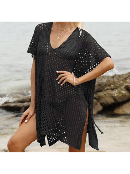 Crosa - Hollow-Out Solid Color Loose Beach Cover Up Dress
