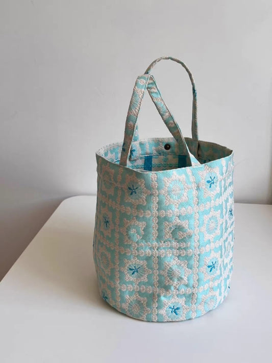 Cosbai Aqua Tapestry Bucket Tote Bag front view with blue and green woven pattern