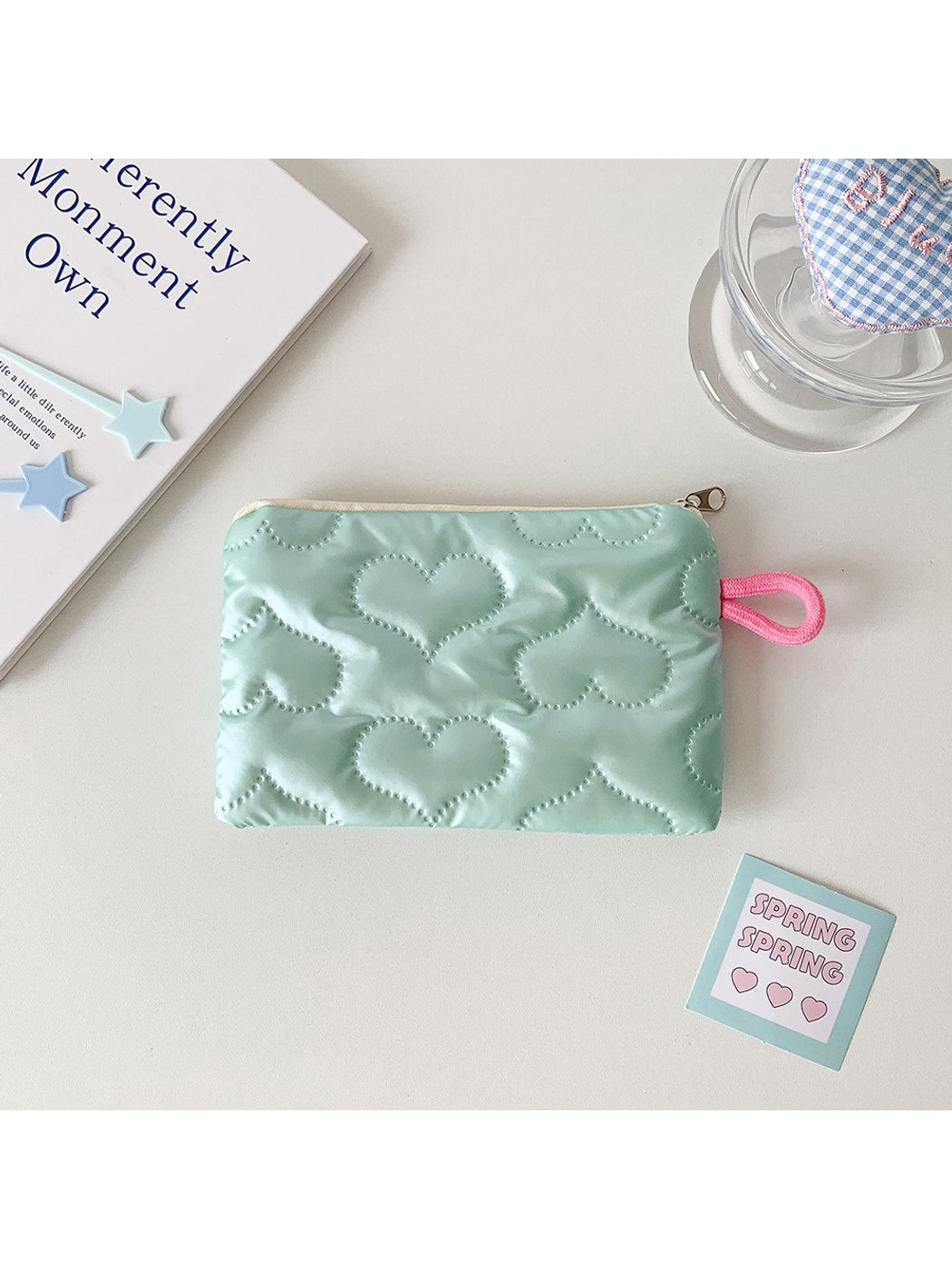 Cosbai - Quilted Heart Pattern Zip Pouch Bag