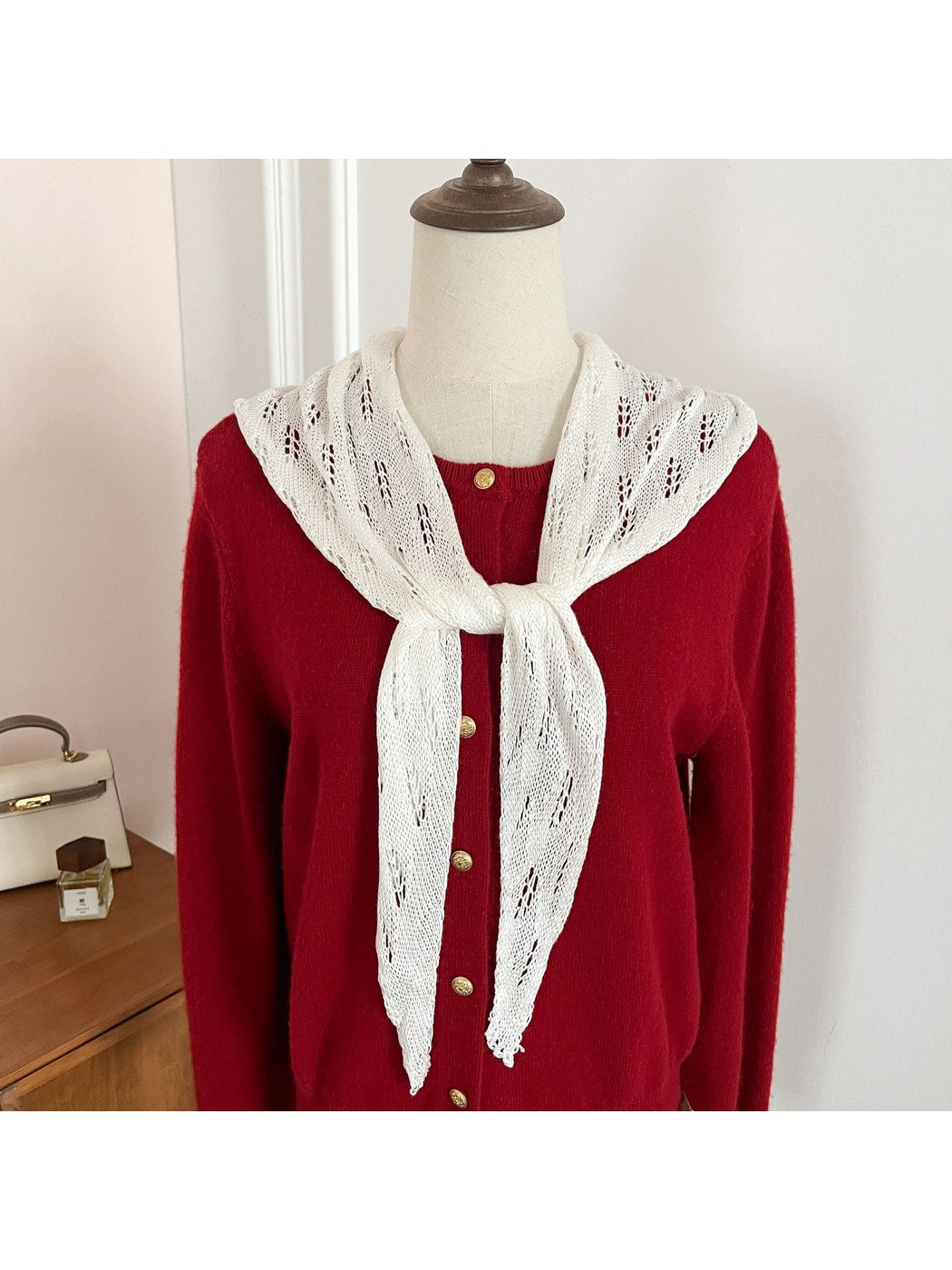 Scarvii - Solid Color Openwork Knit Triangle Scarf