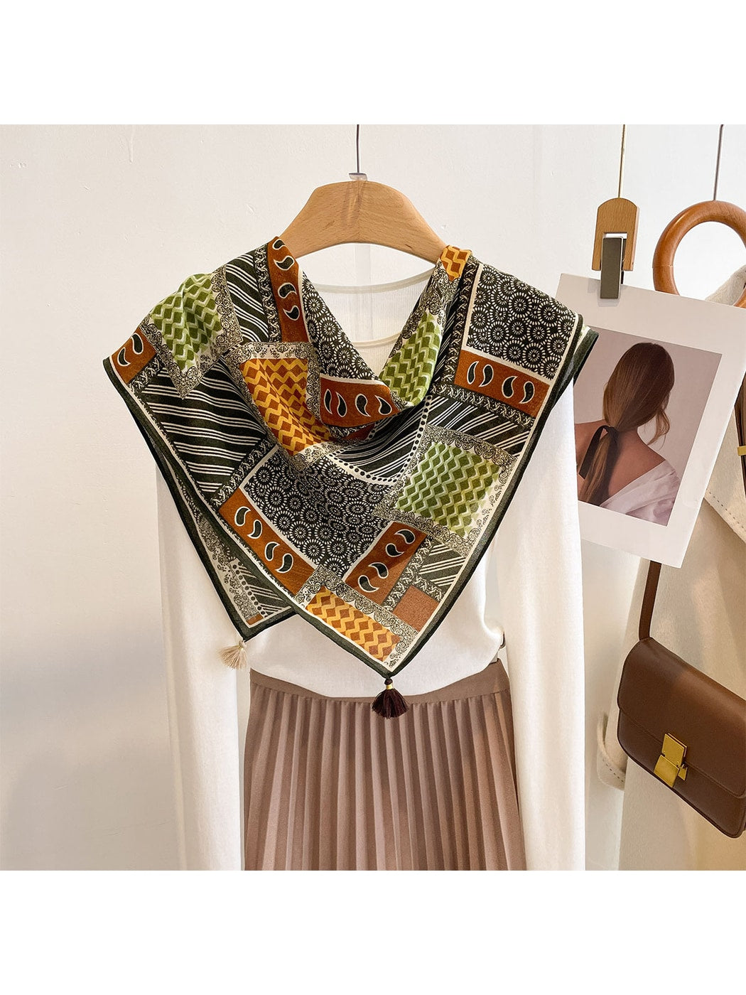 Scarvii - Vintage Spliced Print Tassel Square Scarf