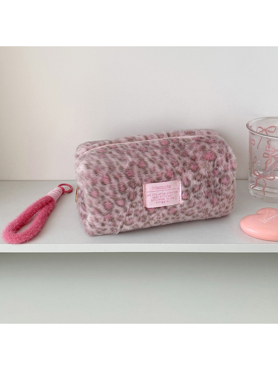 Cosbai - Plush Leopard Print Cosmetic Storage Bag
