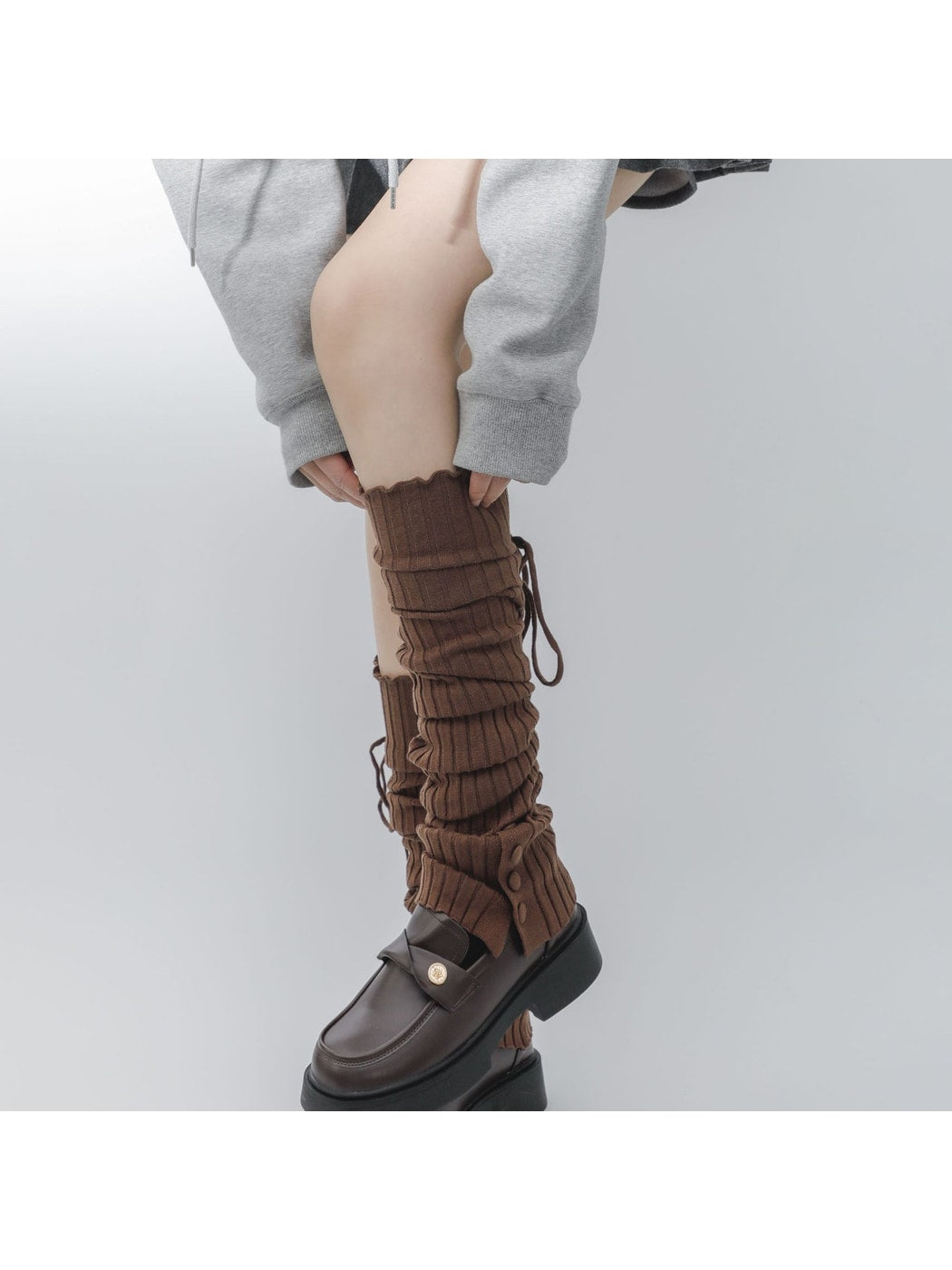 Cozyra - Button-and-Drawstring Ribbed Leg Warmers
