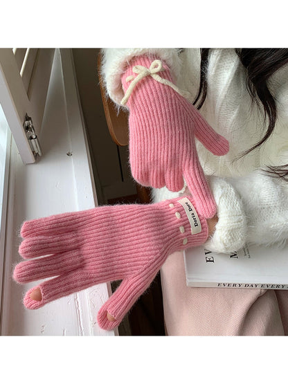 Gloving - Bow Accent Ribbed Wrist Coverage Gloves