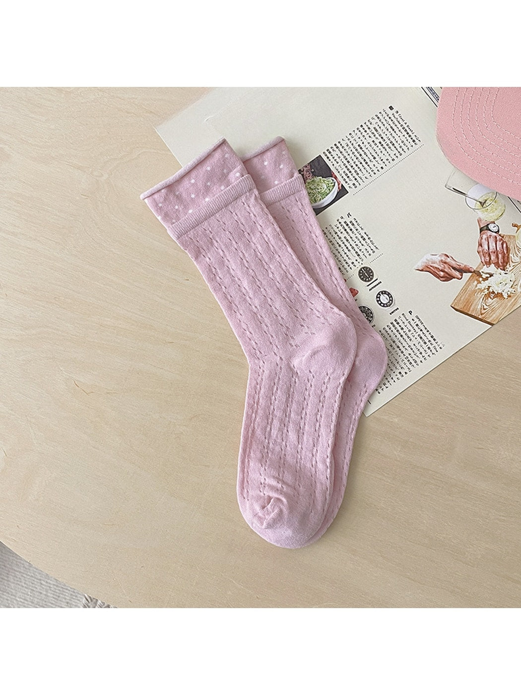 Rufia - Openwork Polka Dot Rolled Trim Crew Socks