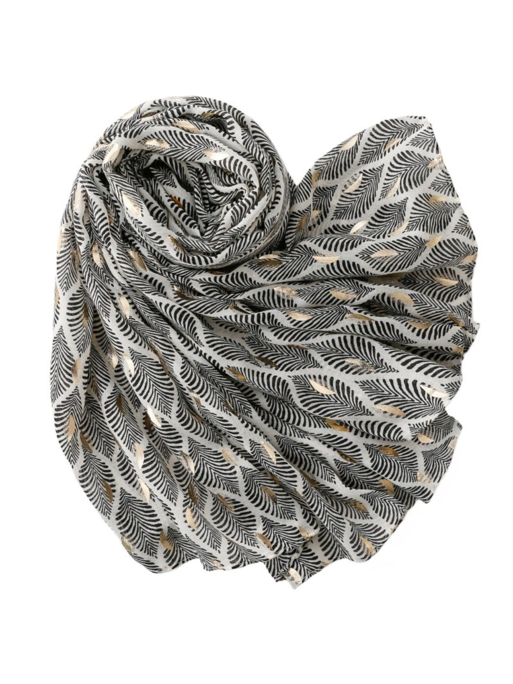 Soft feather pattern scarf laid flat with edges visible, showing full design