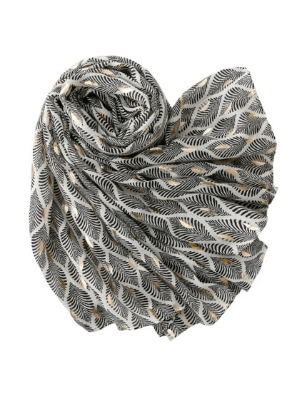 Soft feather pattern scarf laid flat with edges visible, showing full design