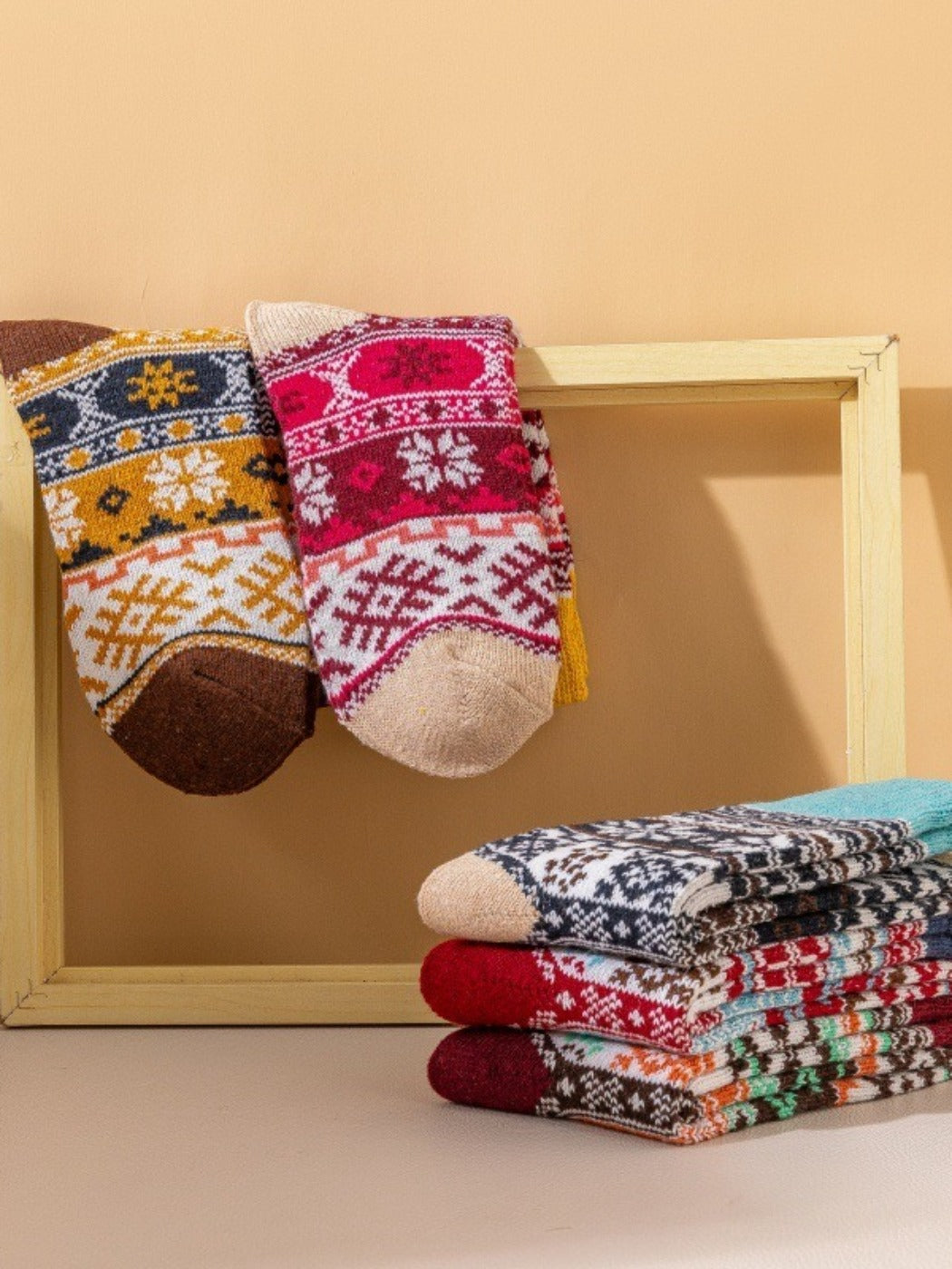 Rufia - Retro Snowflake Thick Mid-Calf Winter Socks - 5 Pairs/Pack