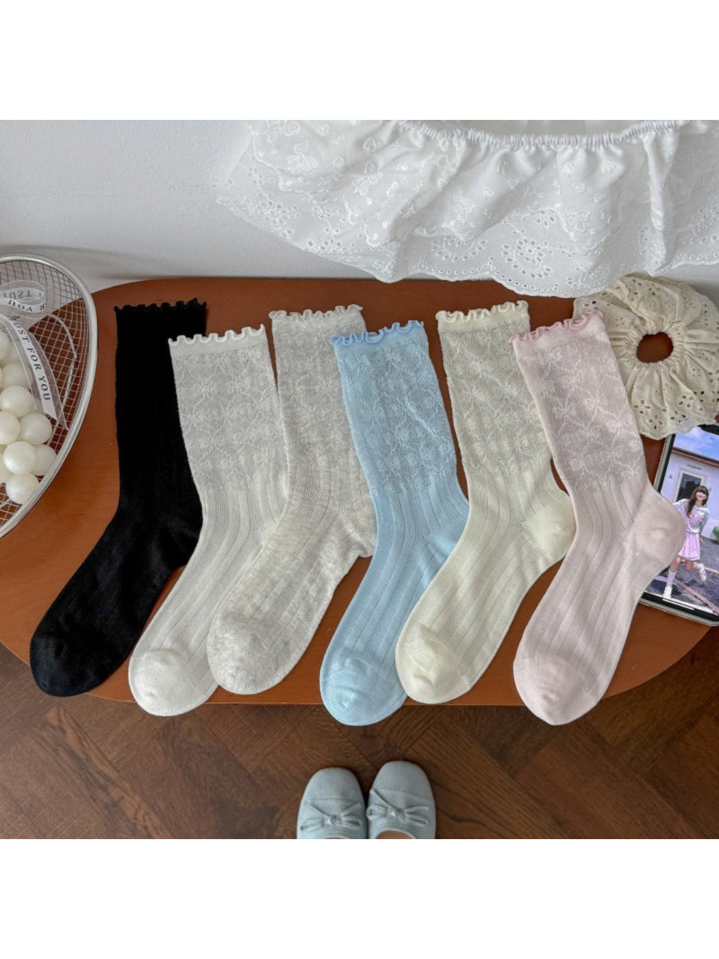 Rufia - Floral Sheer Ruffle-Cuff Crew Socks