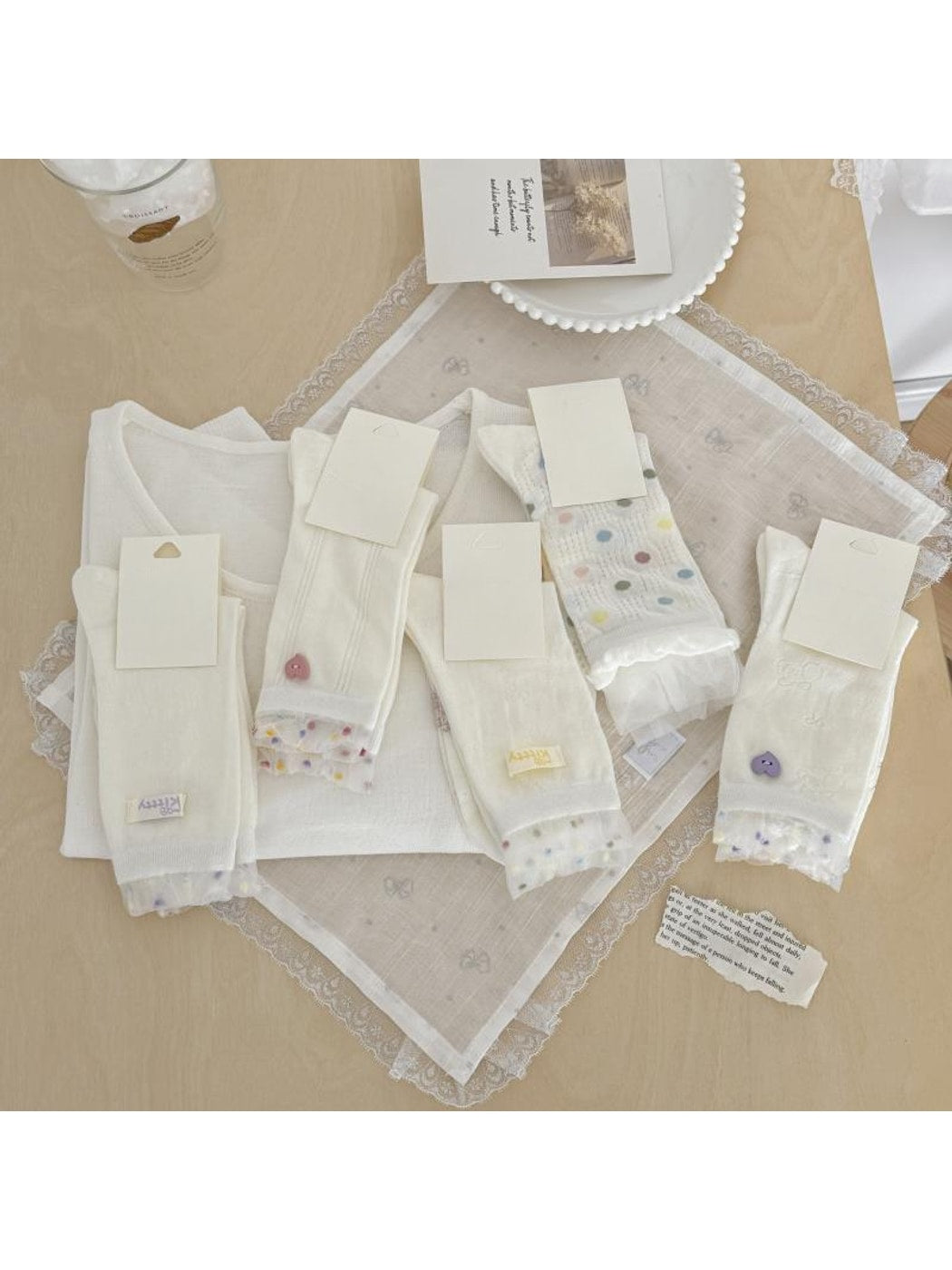 Rufia - Cute Dot Pattern White Crew Socks