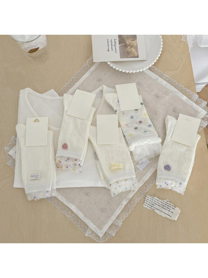 Rufia - Cute Dot Pattern White Crew Socks