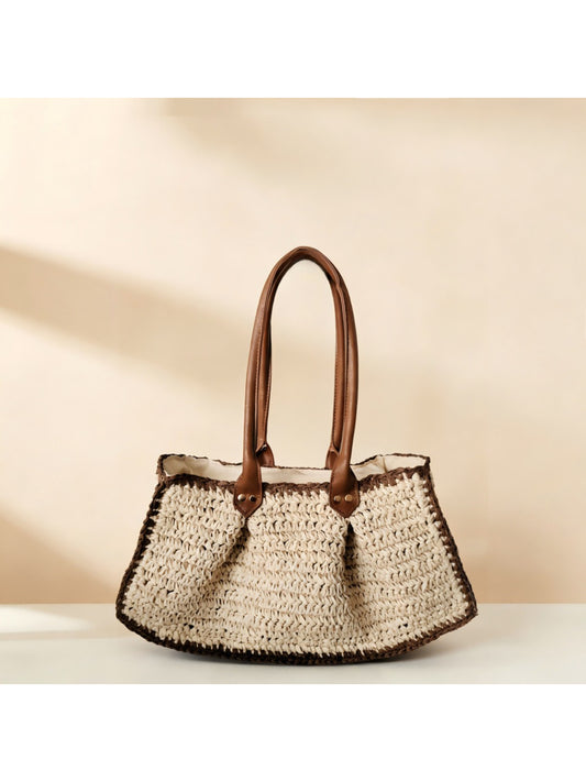 Cosbai Contrast Trim Woven Tote Bag front view with black and natural woven pattern