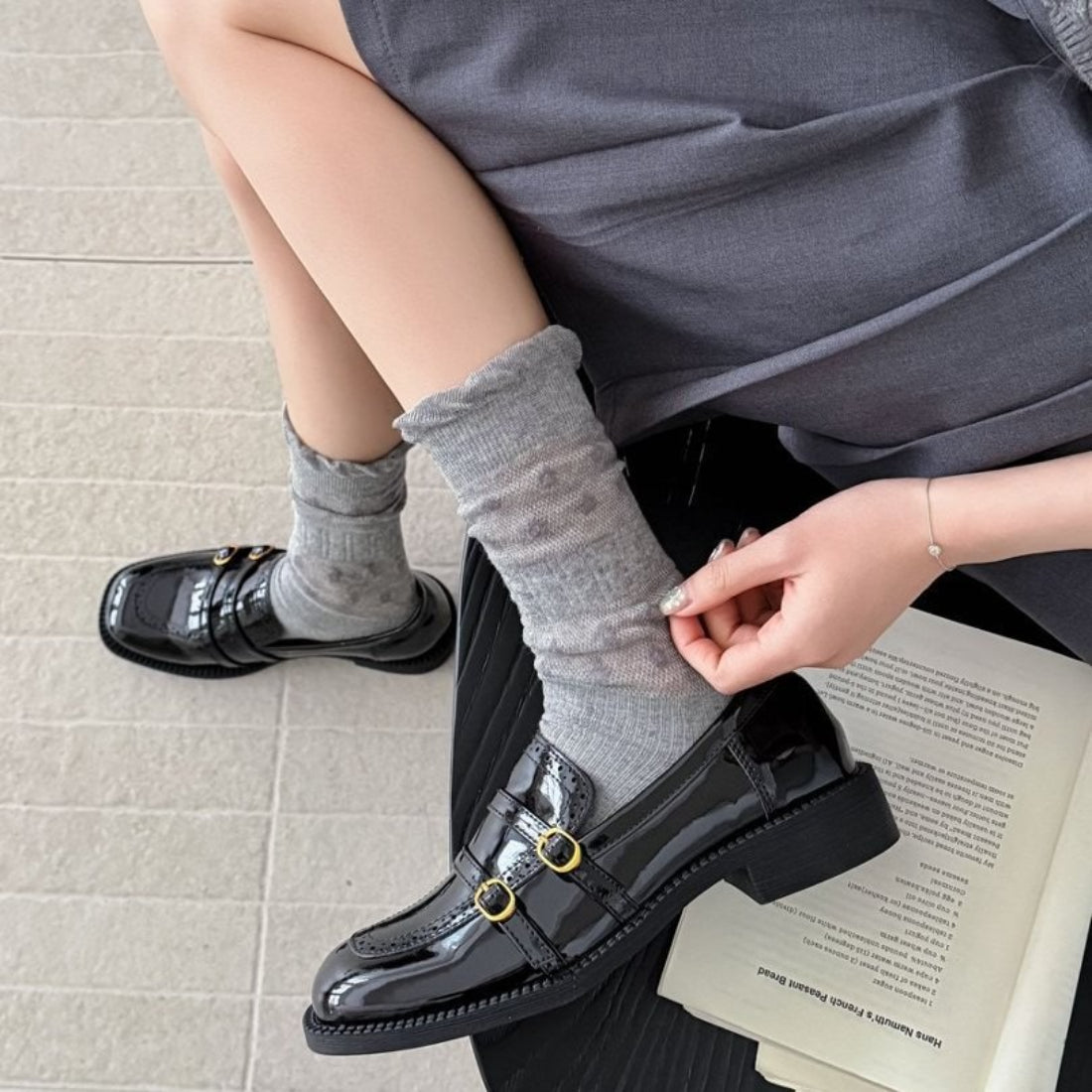 Side view of Rufia floral trim ribbed crew socks highlighting ribbed texture and floral design