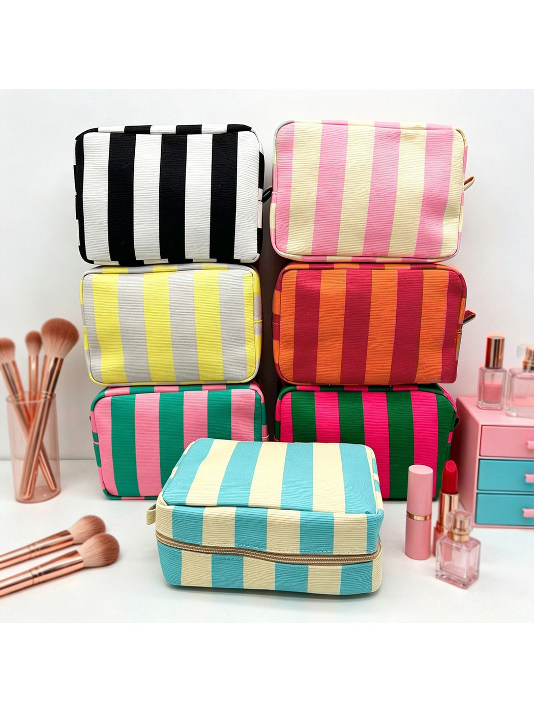 Cosbai - Striped Zipper Cosmetic Organizer Bag