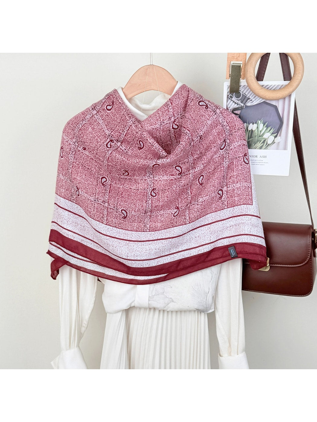 Scarvii - Leaf Print Checked Border Long Scarf