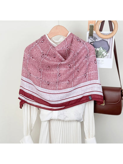 Scarvii - Leaf Print Checked Border Long Scarf