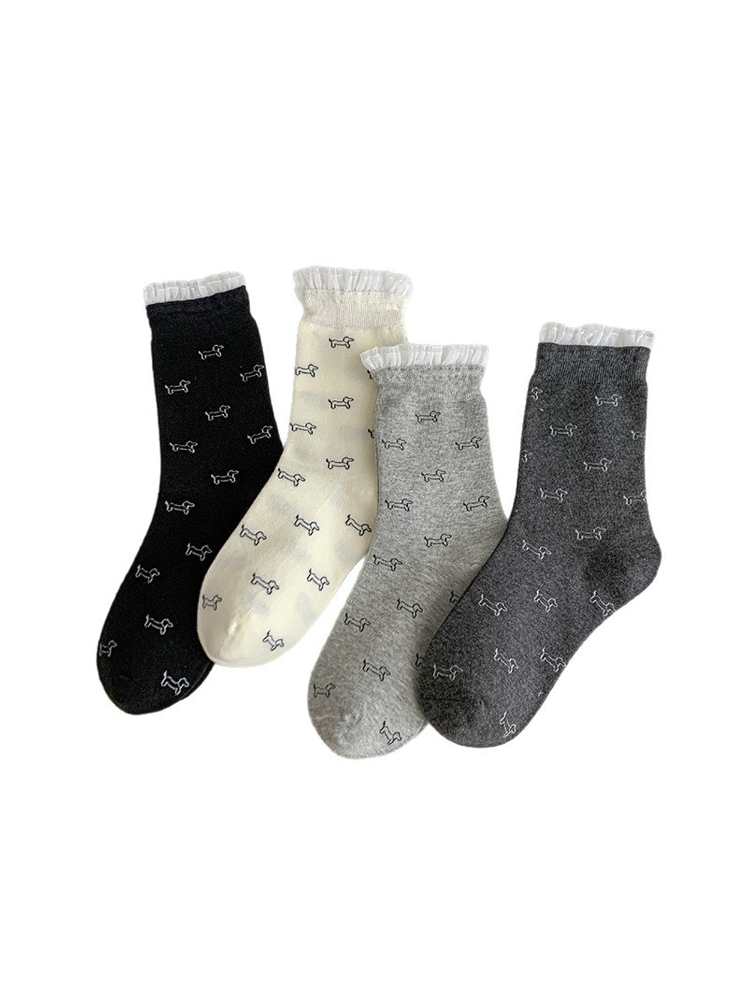 Rufia - Minimal Dog Pattern Ruffle Cuff Crew Socks