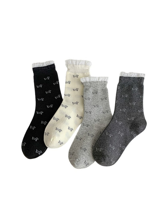 Rufia - Minimal Dog Pattern Ruffle Cuff Crew Socks