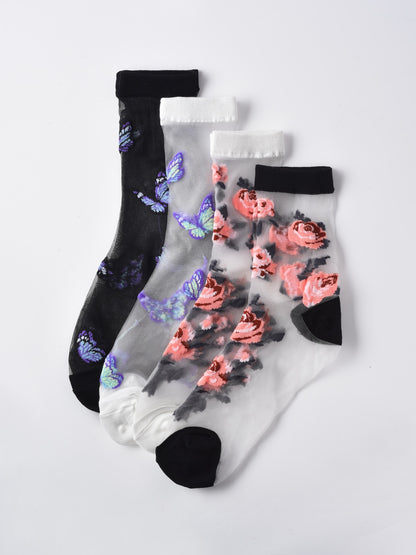 Rufia - Butterfly & Rose Sheer Crew Socks