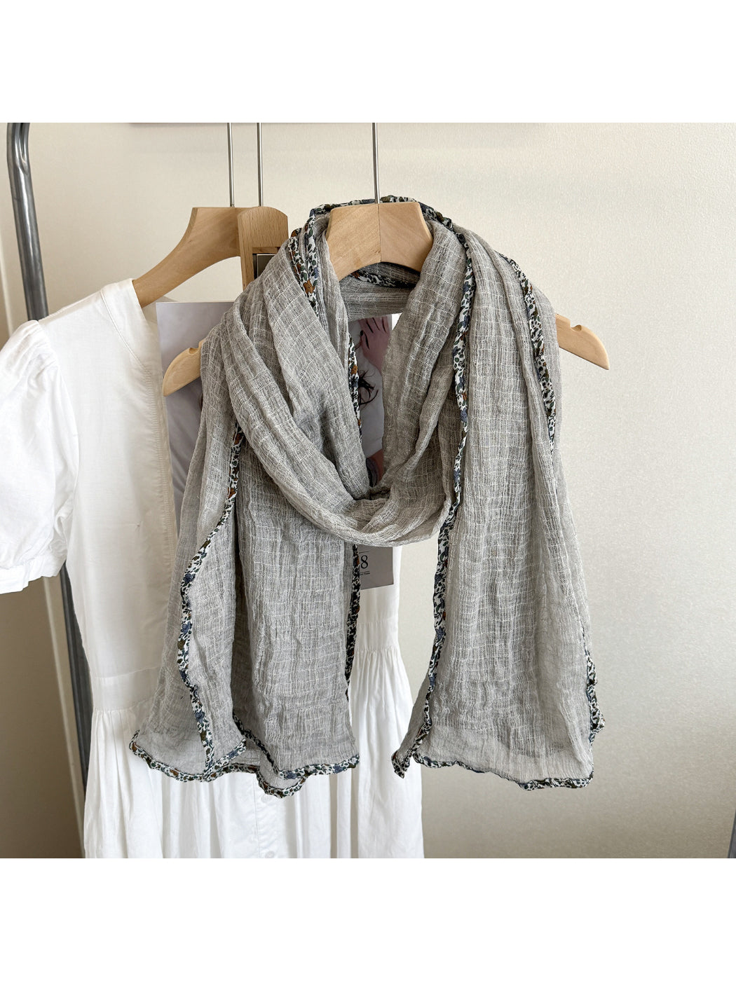 Scarvii - Woven Floral Trim Long Scarf