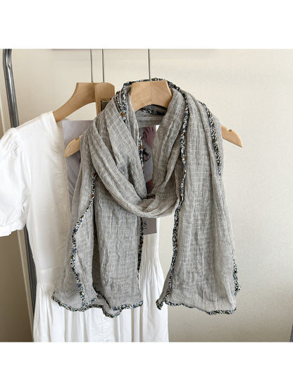Scarvii - Woven Floral Trim Long Scarf