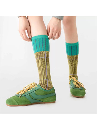 Rufia - Colorblock Plaid Mid-Calf Crew Socks