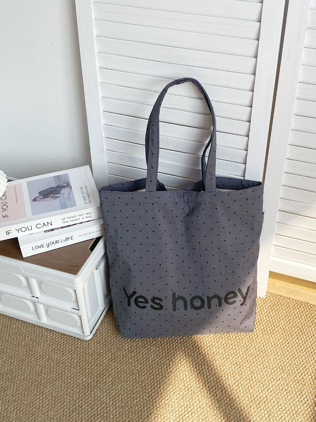 Top view of Cosbai Dot Print Graphic Tote Bag showing open interior and lining