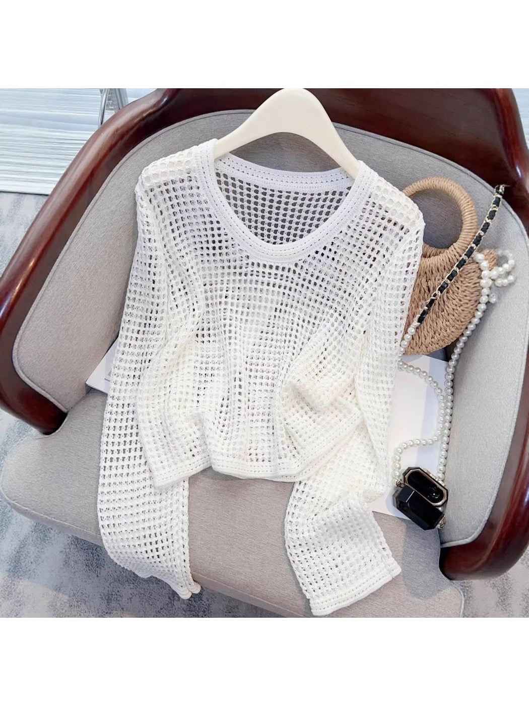 Crosa - Loose Fit Openwork Long Sleeve Pullover Top
