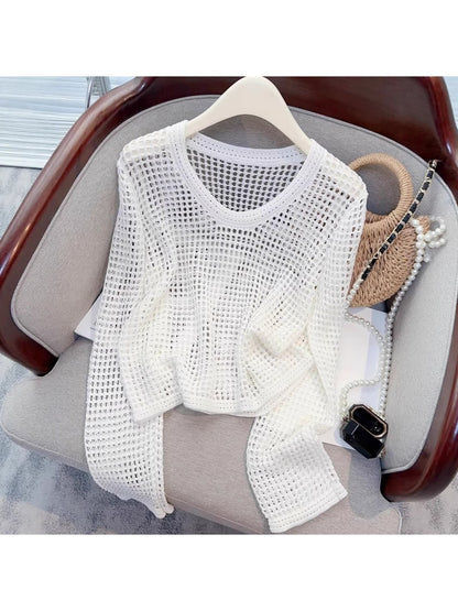 Crosa - Loose Fit Openwork Long Sleeve Pullover Top
