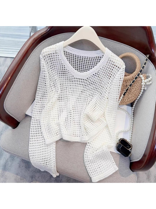 Crosa - Loose Fit Openwork Long Sleeve Pullover Top
