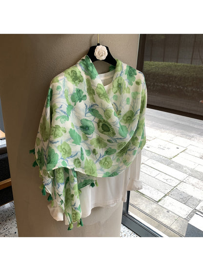 Scarvii - Floral Tassel Long Rectangular Shawl