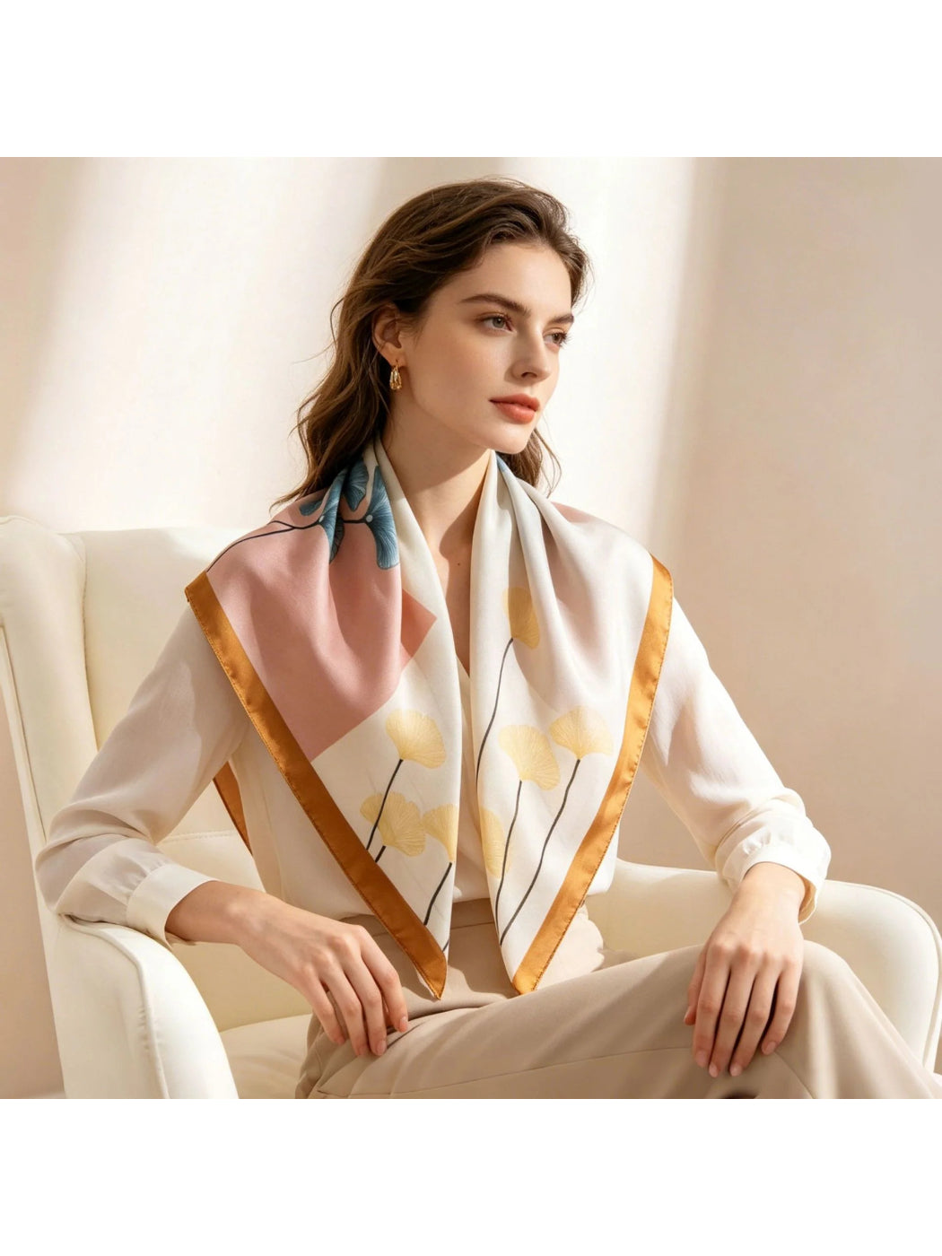 Scarvii - Ginkgo Leaf Print Square Scarf