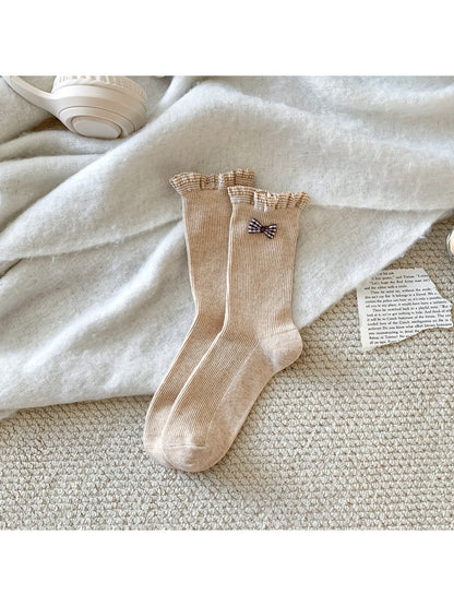 Rufia - Solid Color Bow Detail Casual Crew Socks