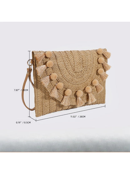 Close-up of woven texture and tassel detail on Cosbai clutch bag