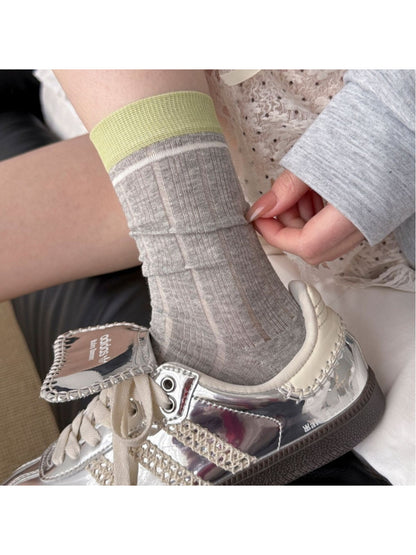 Rufia ribbed mesh color block slouch socks in neutral tones displayed flat