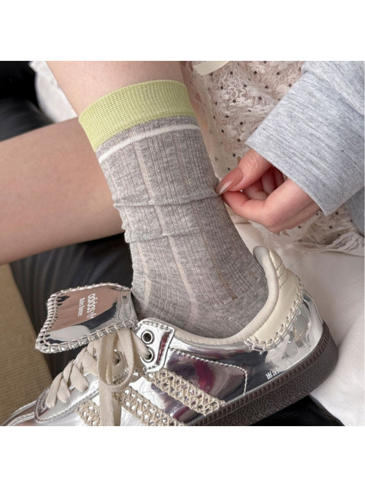 Rufia ribbed mesh color block slouch socks in neutral tones displayed flat