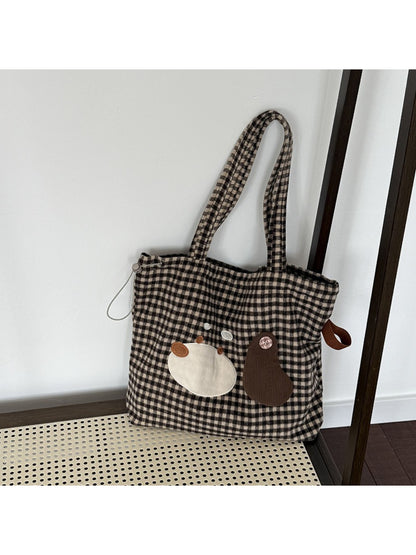 Cosbai Puppy Gingham Drawstring Tote open with interior visible