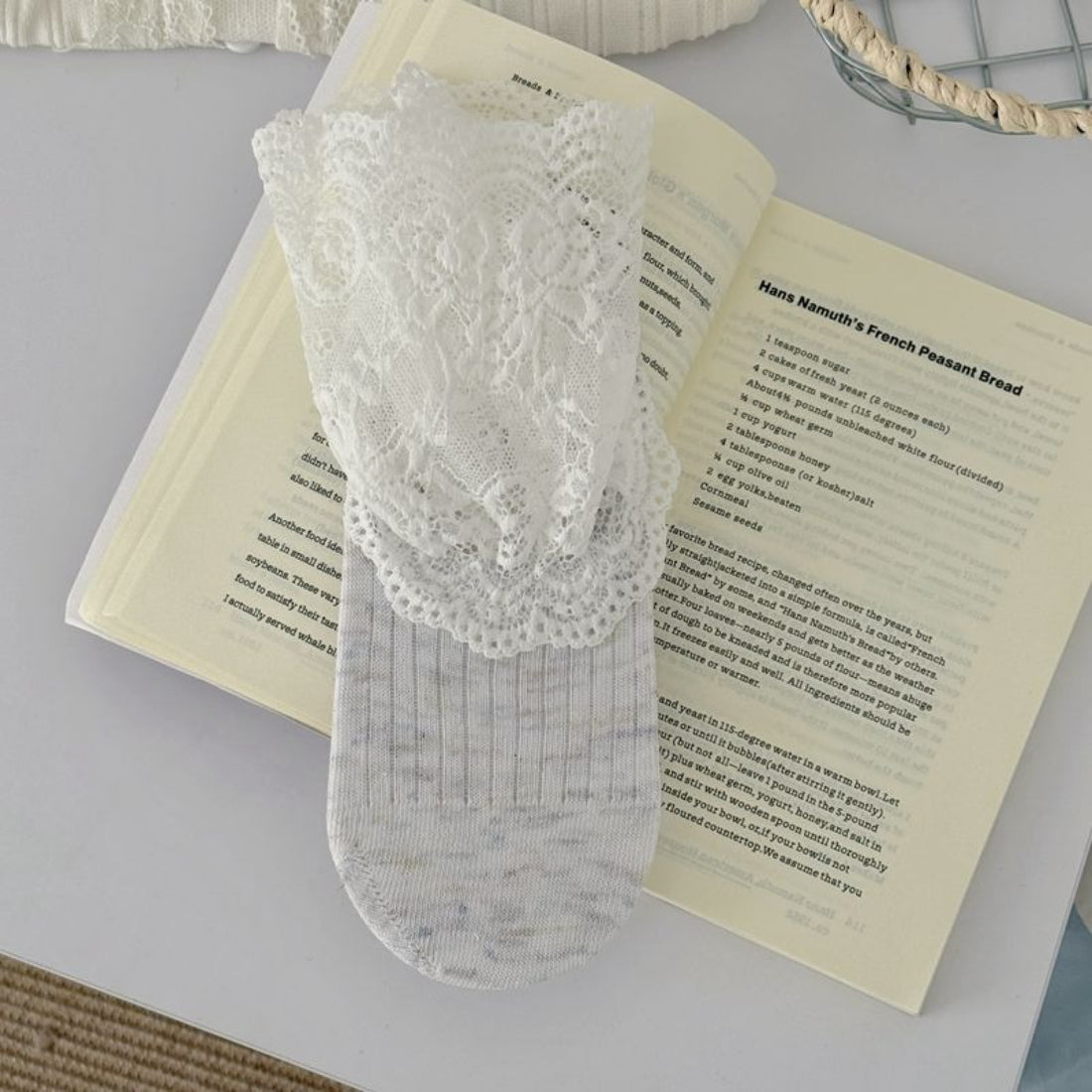 Rufia lace trim crew socks folded neatly with lace edges visible