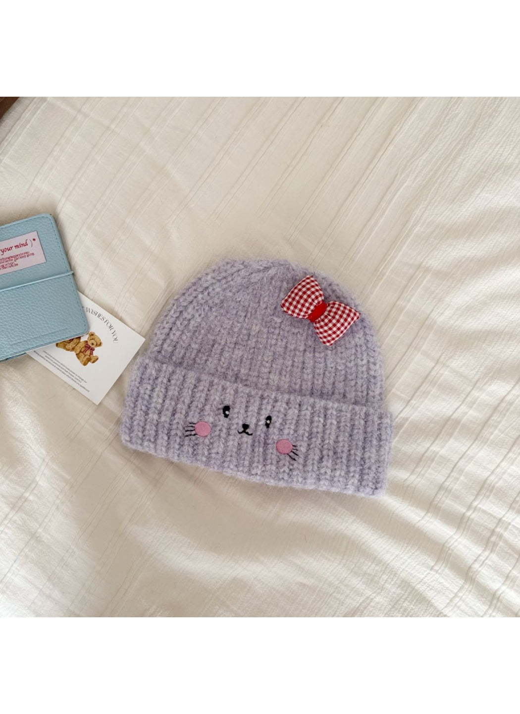 Haila - Cat Face Knit Beanie with Gingham Bow