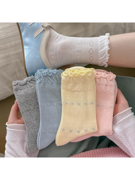 Rufia - Diamond Shaped Openwork Ruffle Crew Socks