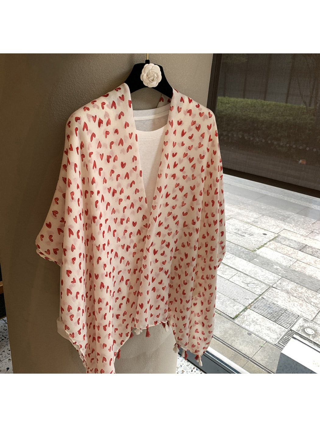 Scarvii - Heart Pattern Tassel Long Rectangular Shawl