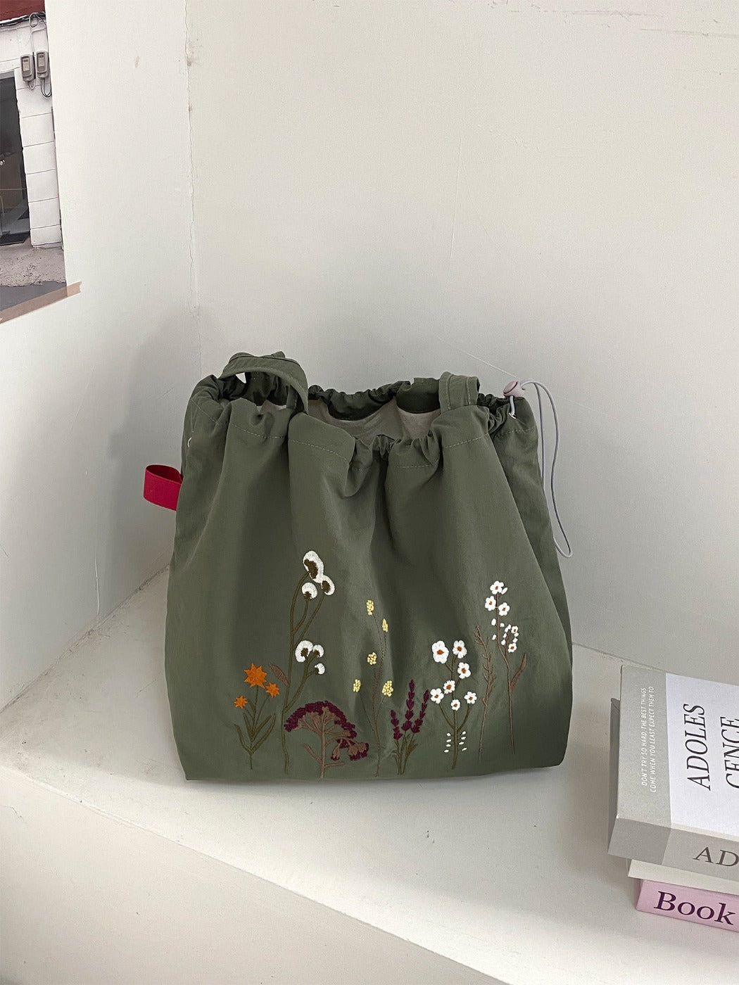 Cosbai - Floral Embroidery Drawstring Tote Bag