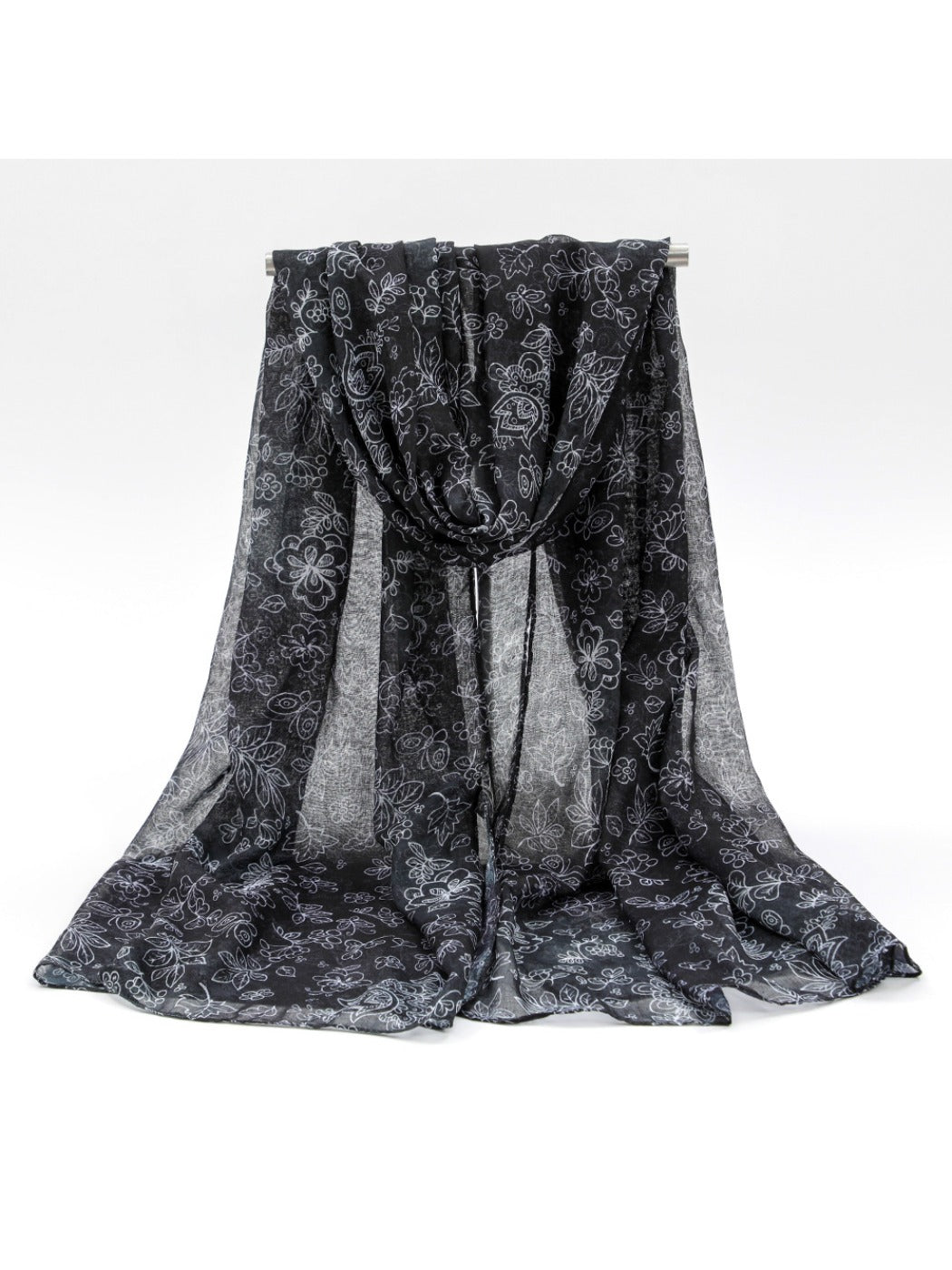 Scarvii - Black White Floral Print Scarf