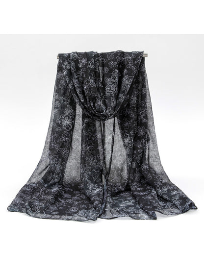 Scarvii - Black White Floral Print Scarf