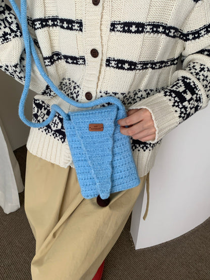 Cosbai - Pointed Flap Knit Crossbody Bag with Pom Pom