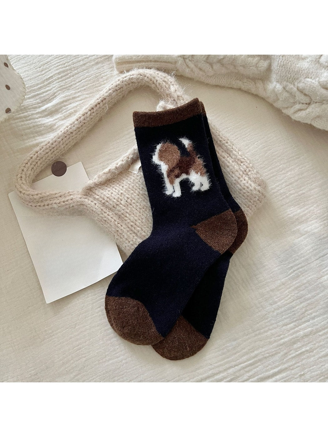 Rufia - Playful Dog Motif Colorblock Crew Socks