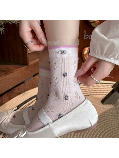 Rufia - Sweet Floral Print Bow Detail Crew Socks
