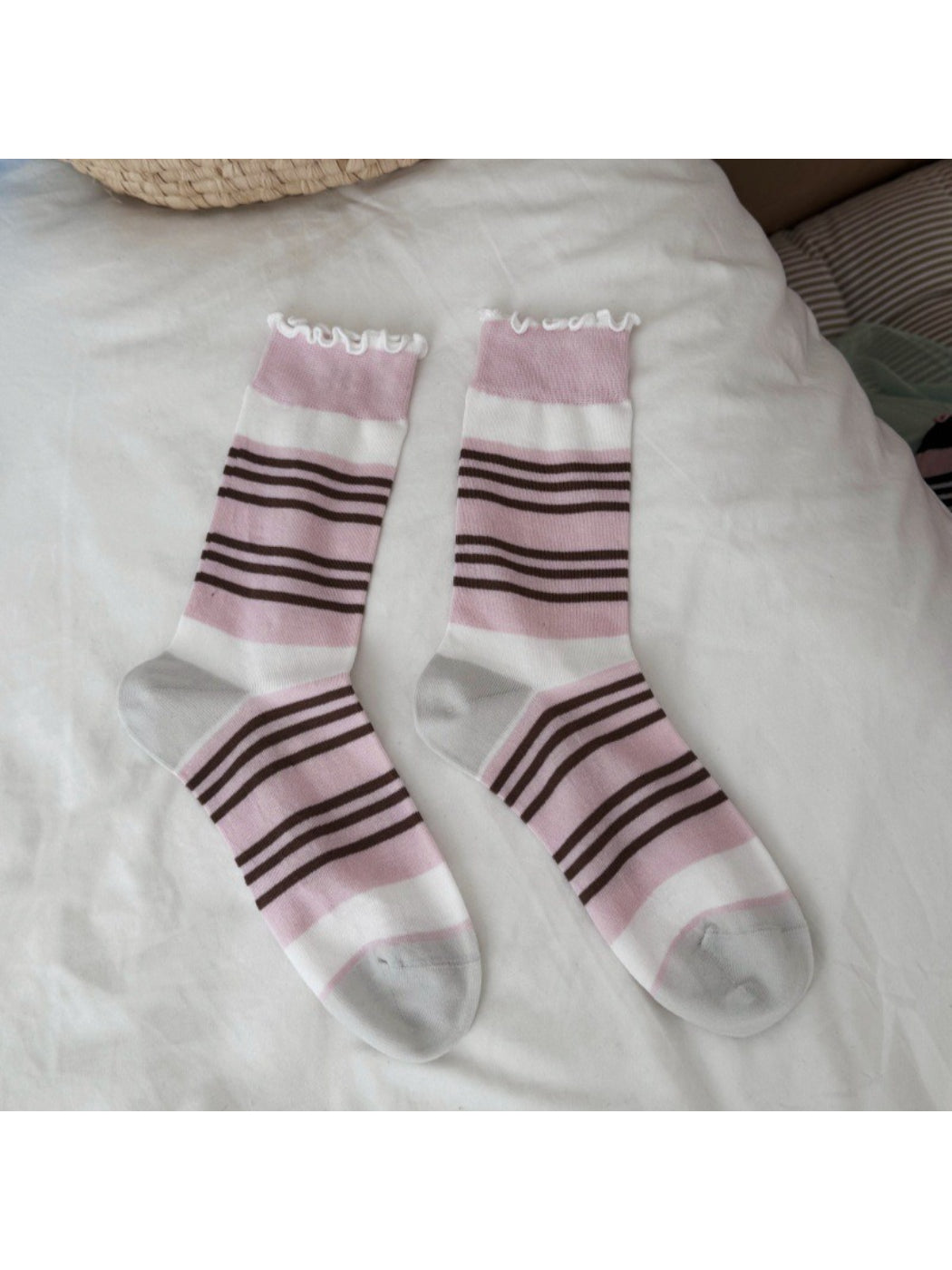 Top view of Rufia Wavy Cuff Stripe Socks laid flat