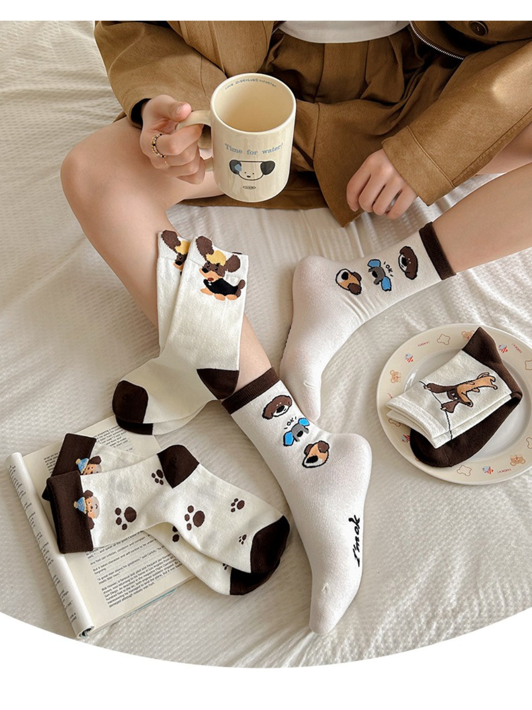 Rufia - Brown Puppy Print Crew Socks