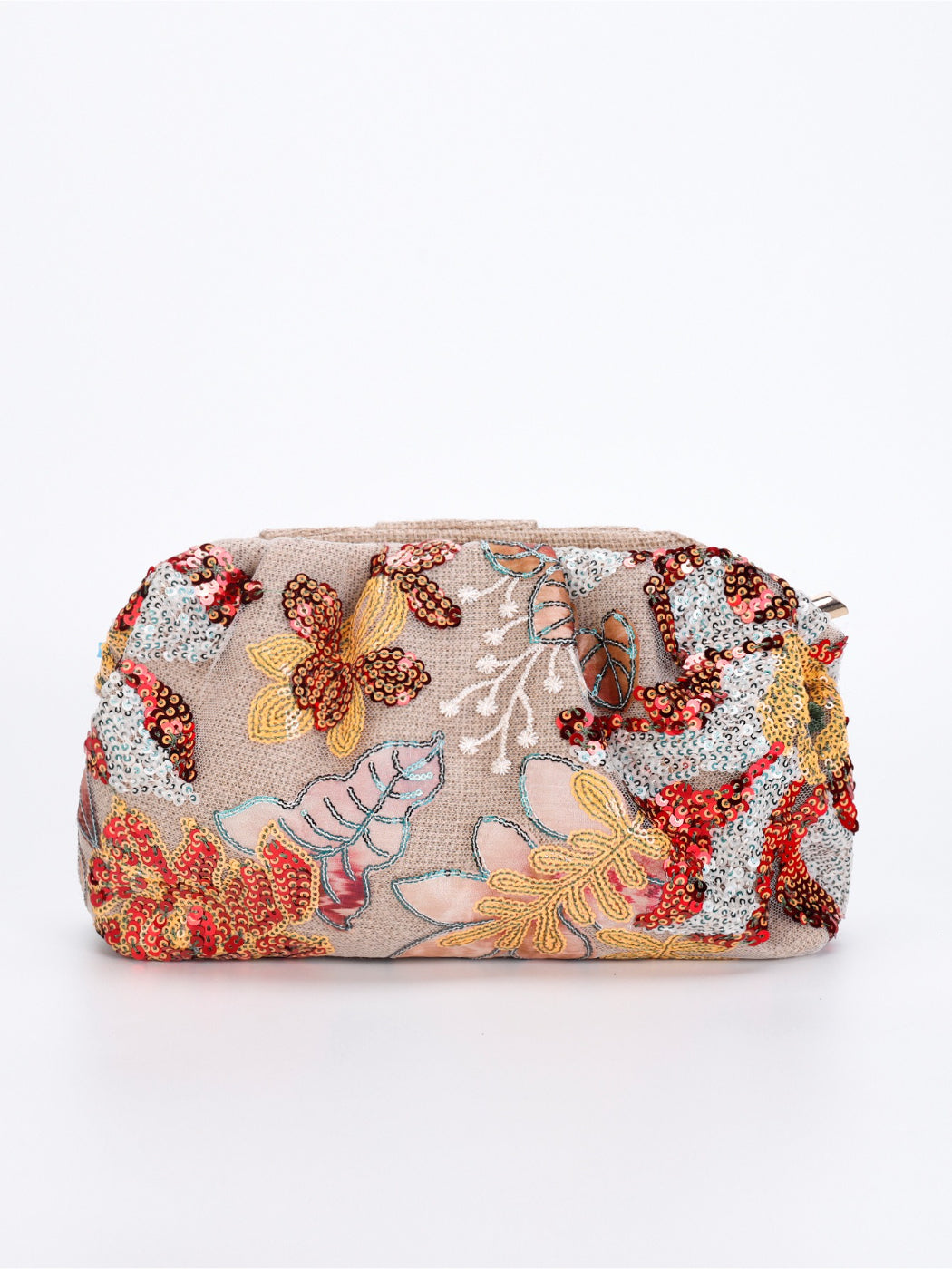 Detailed shot of gold clasp mechanism on Cosbai floral sequin evening clutch bag